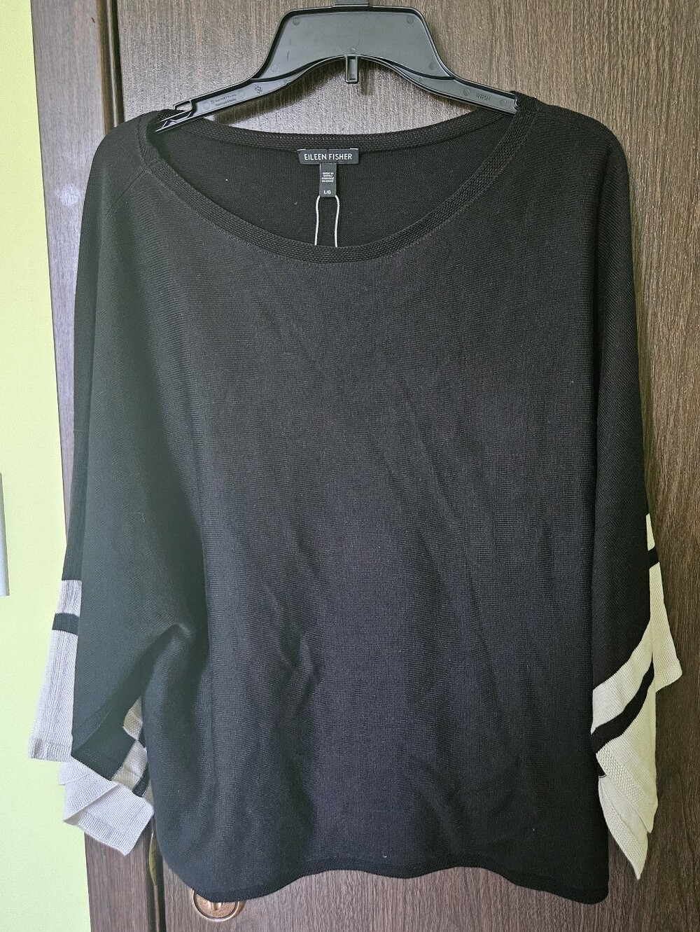NWOT EILEEN FISHER Black Batwing Kimono Sleeve Tencel Silk Sweater Top Size L